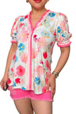 Light pink floral blouse with stripe trim