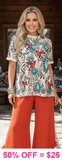 Cream top turquoise concho red bird print