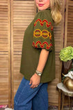 Olive Blouse with embroidered puff sleeves