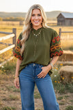 Olive Blouse with embroidered puff sleeves