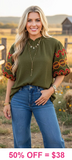 Olive Blouse with embroidered puff sleeves