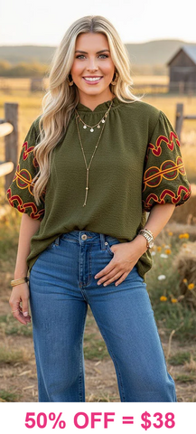 Olive Blouse with embroidered puff sleeves