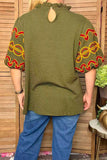 Olive Blouse with embroidered puff sleeves