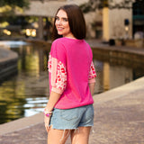 Pink Waffle knit top with leopard stripe
