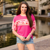 Pink Waffle knit top with leopard stripe