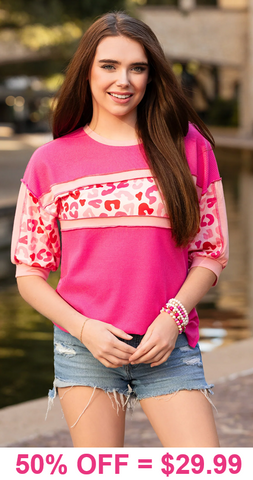 Pink Waffle knit top with leopard stripe