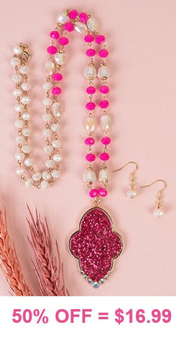 Crystal Necklace with Pink Glitter Pendant