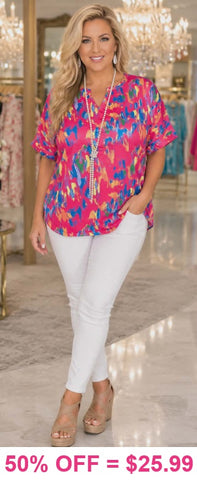 Pink abstract print v-neck top
