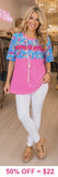 S,L,3X : Pink Top with Blue Floral print & sequin stripe