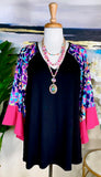 Black Top with purple leopard bell sleeves and pink ruffle trim