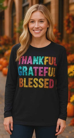 XL, 2X, 3X : SEQUIN Thankful, Grateful, Blessed black top
