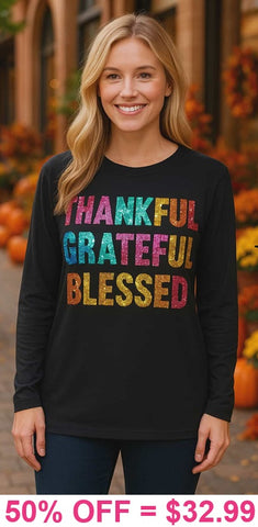 SEQUIN Thankful, Grateful, Blessed black top