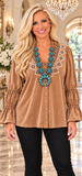 Velvet Blouse with Embroidery neckline & Bell Sleeves