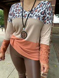 Leopard, Taupe, Rust top crochet trim sleeves