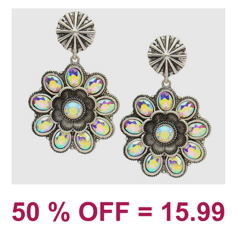 Western Metal Flower W/Stone Post Earring