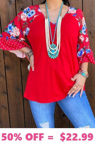 S,M,L Red Blouse with Floral Bell Sleeves