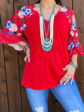 S,M,L Red Blouse with Floral Bell Sleeves