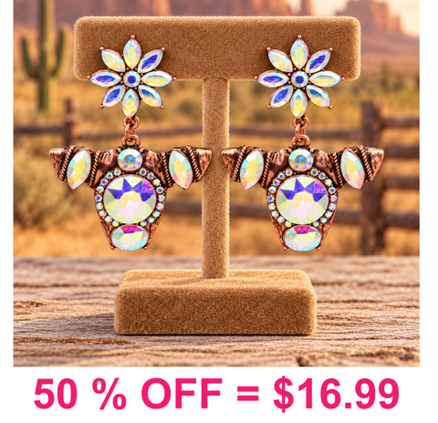 Western Metal Cow Head w/Glass Stone Earring