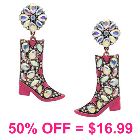 Western Glass Stone Cowgirl Boot Earring
