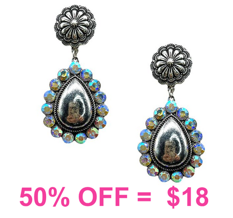 Western Metal Teardrop w/Stone Concho Post Earring