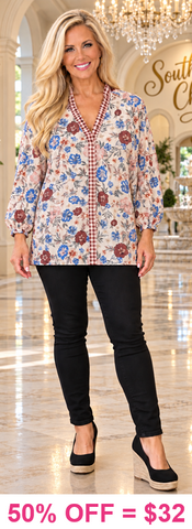 Blue Floral Blouse with brown plaid trim