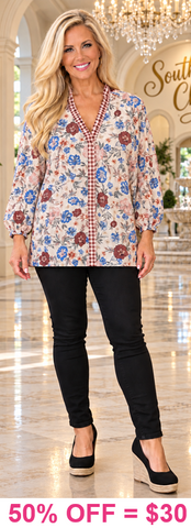 Blue Floral Blouse with brown plaid trim