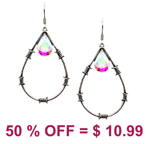 Western Barbed Wire Teardrop w/Glass Stone Earring