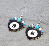 Western 8 Ball Heart Dangle Earrings