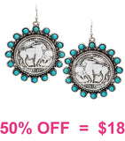 Silver Buffalo coin earrings with turquoise trim