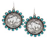 Silver Buffalo coin earrings with turquoise trim
