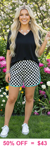 Black Top with Checker shorts turquoise trim