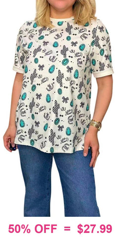 Western print top with cactus, horseshoes & Turquoise conchos