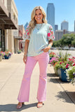 M, 3X Blue Stripe Beautiful Embroidery Sleeve Top