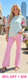 M, 3X Blue Stripe Beautiful Embroidery Sleeve Top