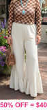 Cream ruffle trim pants