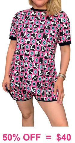 Cow, Pink, Turquoise concho print: 2 Piece Set