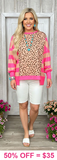 S, M, XL, 3X Leopard top with neon pink stripe sleeves