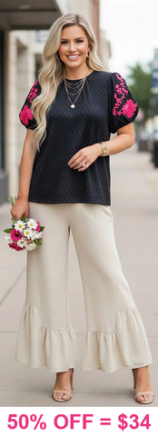 Black textured Top Pink Embroidery puff sleeves