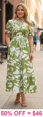 Green and white floral dress