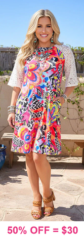 Colorful printed dress with lace sleeves