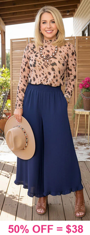 Navy ruffle wide leg pants