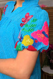 2X, 3X Blue Dress with embroidery puff sleeves