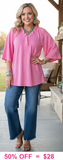 S, M, L, XL, 2X : Pink Textured Fabric Top with Flowy Sleeves