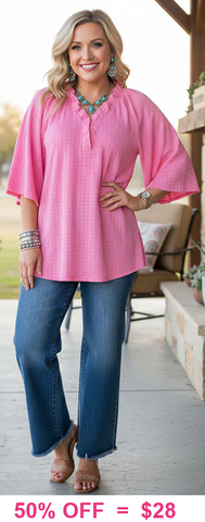 S, M, L, XL, 2X : Pink Textured Fabric Top with Flowy Sleeves