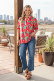 TOP SELLER : Pink Floral Blouse With Stripe V-Neck