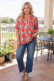 TOP SELLER : Pink Floral Blouse With Stripe V-Neck