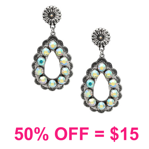 Western Teardrop Cut w/Crystal Stone Post Dangle Earring