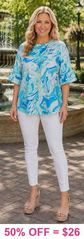 Blue swirl ruffle sleeve top