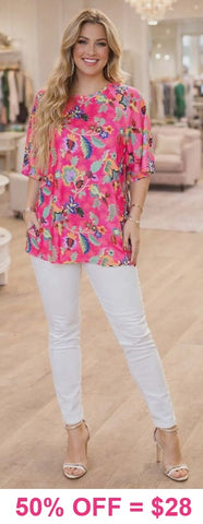 M, XL, 2X, 3X  Pink floral top with wide flutter sleeves