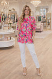 M, XL, 2X, 3X  Pink floral top with wide flutter sleeves